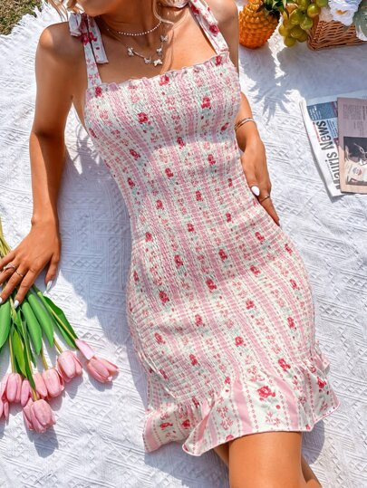 Floral Print Shirred Ruffle Hem Cami Dress | SHEIN