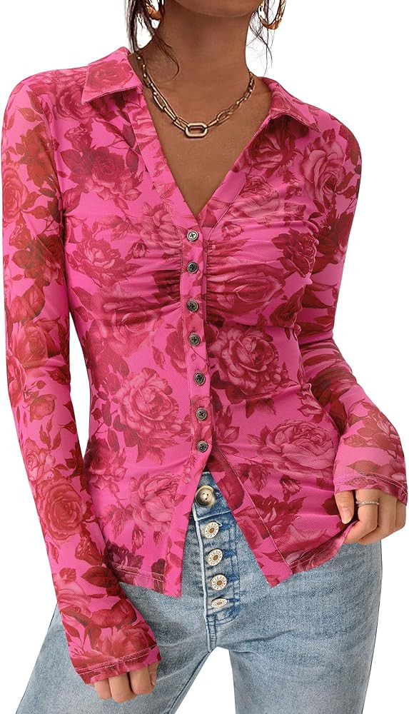 PRETTYGARDEN Women Button Down Floral Shirts 2026 Fall Trendy Long Sleeve V Neck Mesh Boho Blouse... | Amazon (US)
