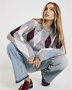 Grey Knitted Argyle Print Cardigan | River Island UK & IE