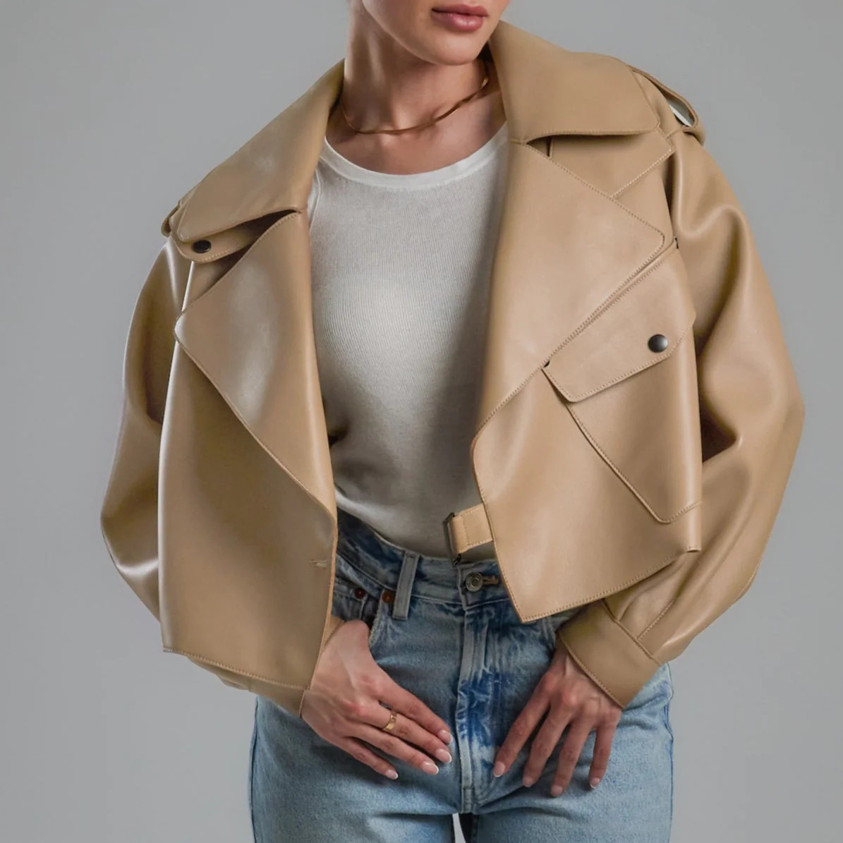 Classic Nude Oversized Leather Jacket | DE SAVARY LONDON