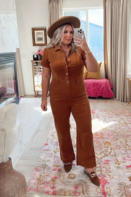 curvy tan corduroy jumpsuit for fall! wearing size xxl and has some stretch! 

#LTKcurves #LTKSeasonal