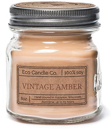 Eco Candle Co. Mason Jar Candle, Vintage Amber, 8 oz. - Scents of Wood Resin, Nutmeg, Cinnamon, & Vanilla - 100% Soy Wax, No Lead, Kraft Label & Antiqued Pewter Lid, Hand Poured, Midwest Soybeans | Amazon (US)
