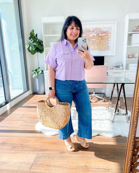 $25 tops at Loft tonight only! Love this lavender shirt for spring and summer! Such a pretty color that can be worn for both workwear or casual wear. Wearing it here in size Medium. Anthropologie Colette jeans size 32 petite. Marc Fisher raffia wedge sandals true to size. Target style straw tote bag, 

Spring outfit, summer outfit, jeans, sandals, travel outfit, spring outfits, spring outfit idea, spring outfit inspiration, everyday outfits spring, casual everyday outfit, Anthropologie jeans, wedge sandals, raffia sandals, straw tote bag

#LTKsalealert #LTKmidsize #LTKstyletip