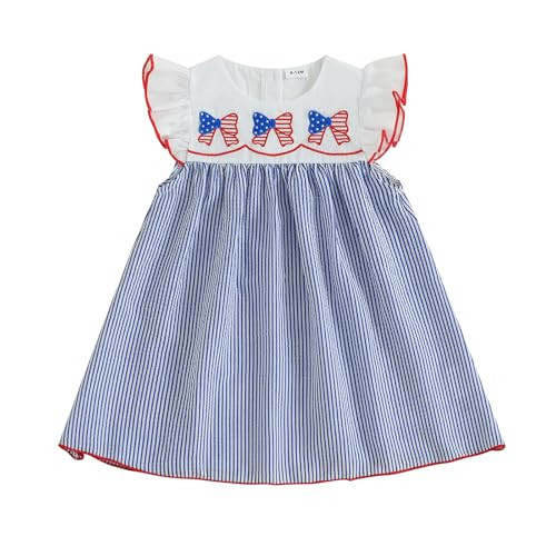 Rourufy Toddler Girls 4th of July Outfit Infant American Flag Princess Summer Dress Little Girl Kids Patriotic Clothes (A Bow American Flag Stripe Blue, 3-4 Years) | Amazon (US)