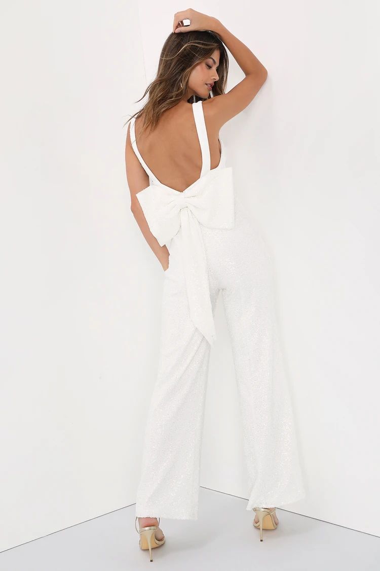 Feeling Sparkly White Sequin Bow Wide-Leg Jumpsuit | Lulus
