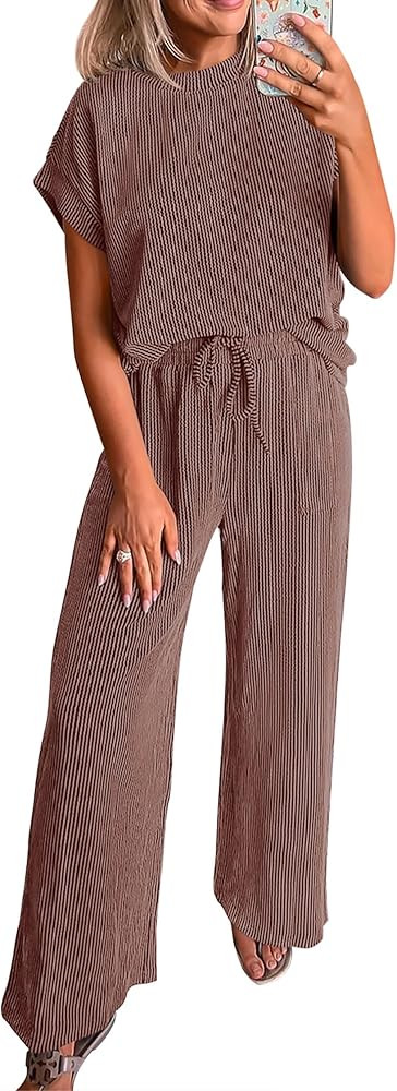 KIRUNDO 2 Piece Sets for Women Dressy Casual Ribbed Knit Short Sleeve Tops Wide Leg Pants Lounge ... | Amazon (US)