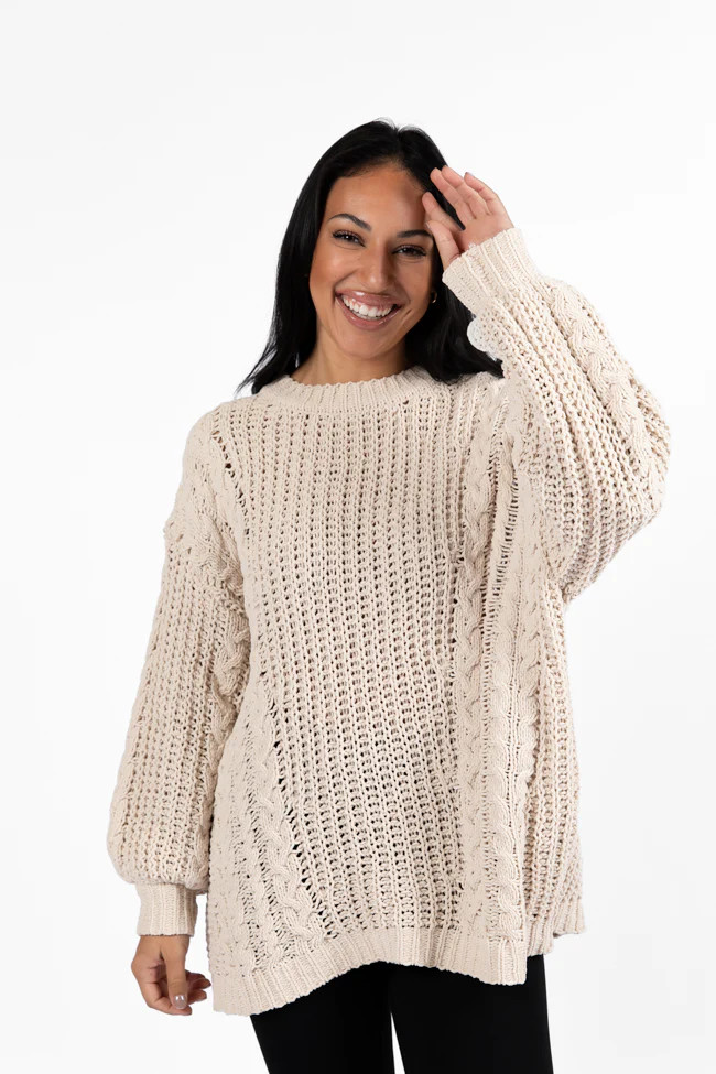 Wide Open Spaces Beige Chenille Cable Knit Oversized Sweater DOORBUSTER | Pink Lily