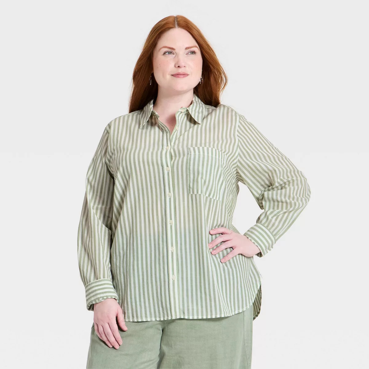 Women's Long Sleeve Relaxed Fit Collared Button-Down Shirt - Universal Thread™ Green Striped 2X | Target