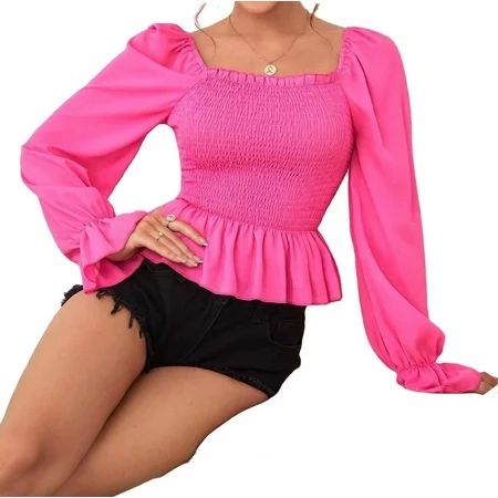 Womens Blouse Tops Square Neck Flounce Sleeve Shirred Peplum Blouse Hot Pink L | Walmart (US)