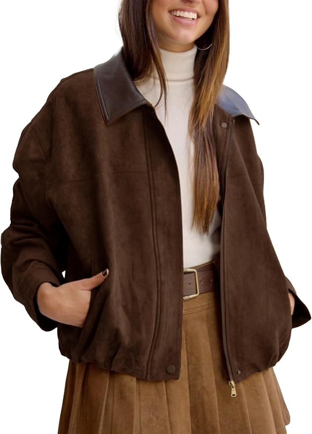 Womens Faux Suede Bomber Jacket Casual Lapel Pilot Cropped Jackets Oversized Motorcycle Zip Up Ou... | Amazon (US)