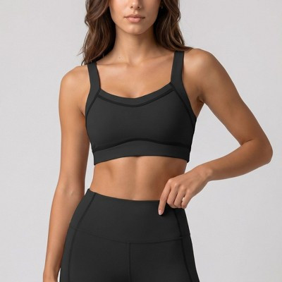 Anna-Kaci Active Women's Wide Strap Sports Bra Scoop Neck High Impact Supportive Workout Yoga Gym Crop Top - Black, Small | Target