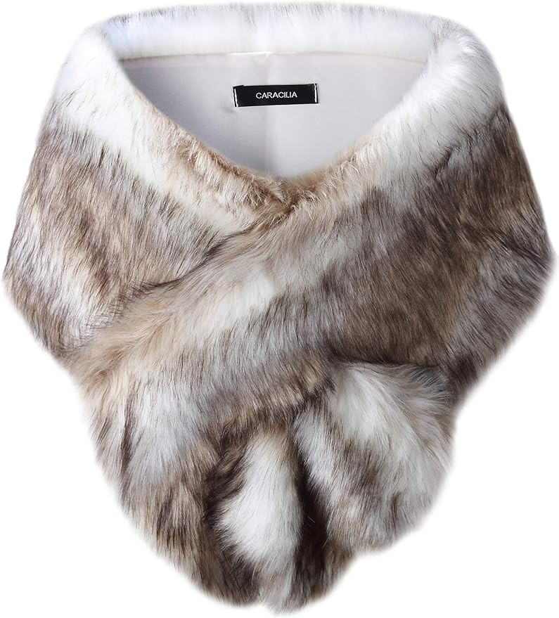 Caracilia Women Luxury Faux Fur Coat Jackets Wrap Cape Shawl for Wedding Party | Amazon (US)