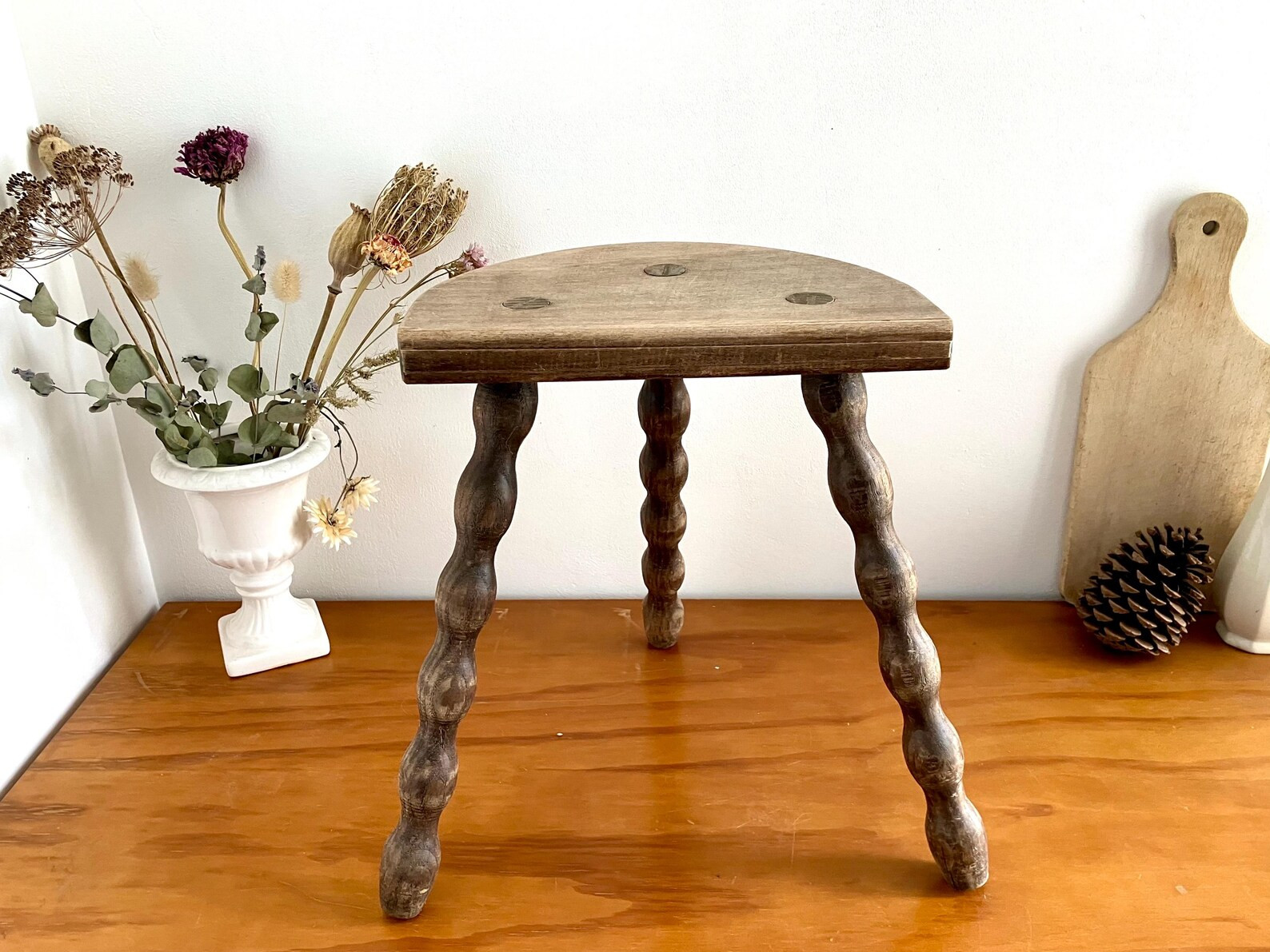 Small French Vintage Half-moon Shaped Wooden Milking Stool With Bobbin Legs - Etsy | Etsy (US)