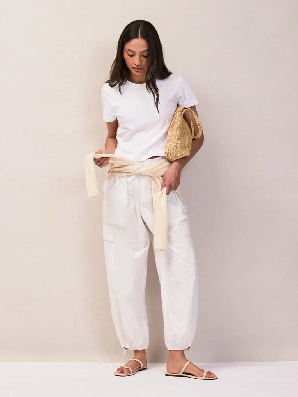 Petite White Cotton Drawstring Cuff Trousers | Ro&Zo