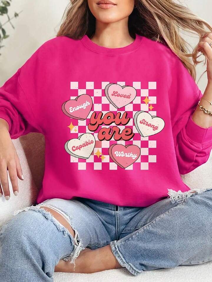 Women'S Printed Love Heart Letter Long Sleeve Fleece Sweatshirt With Drop Shoulder | SHEIN