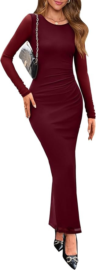 WIHOLL Women's Bodycon Maxi Dress Fall Fashion Long Sleeve Floral Print Tight Fitted Party Club R... | Amazon (US)