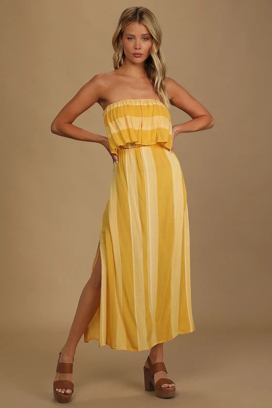 Koi Yellow Striped Strapless Midi Dress | Lulus (US)