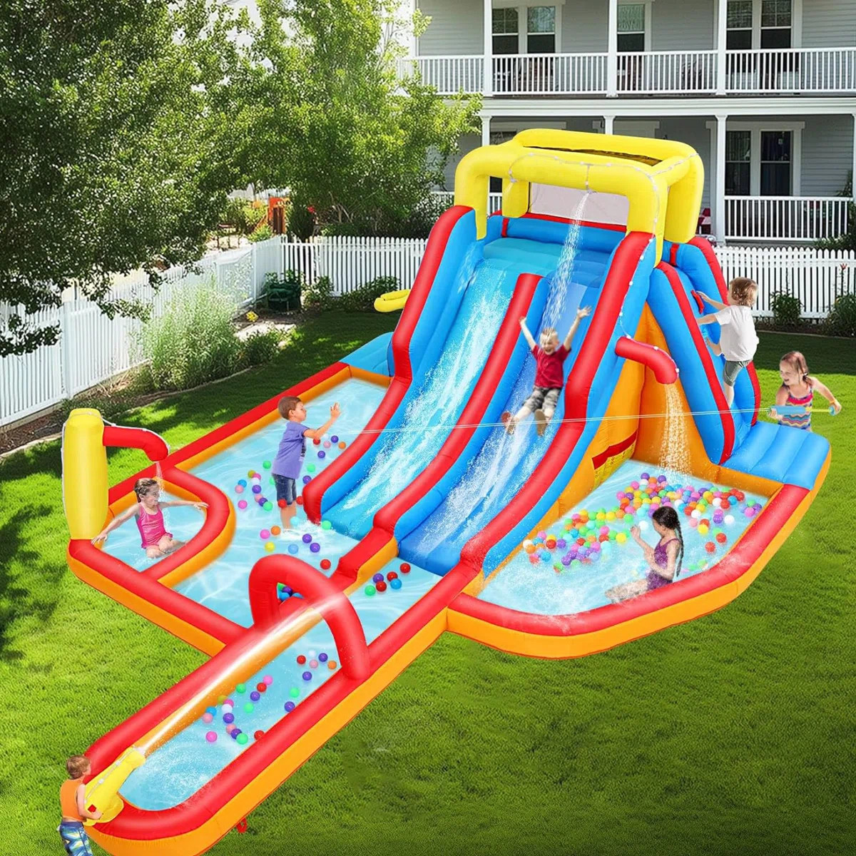 Adam 18Ft X 14Ft Mega Inflatable Water Slide Park Holds 10 Kids Ages 3-12 | Extra Long Slides, Cl... | Wayfair North America