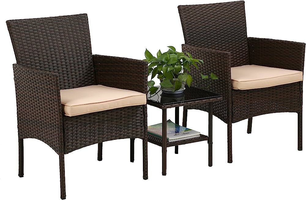 FDW 3 Piece Outdoor Furniture Set Patio Bistro Conversation Set Brown Wicker Chairs Furniture 2 R... | Amazon (US)