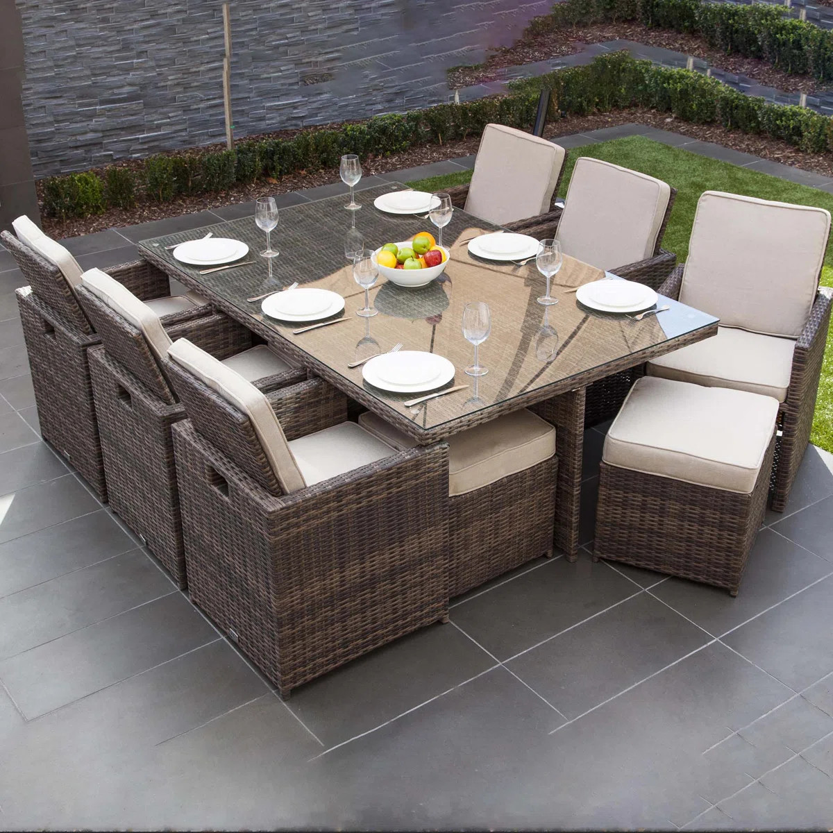 Amher 10 - Person Wicker Patio Dining Set with Rectangular Table , Cushions Included | Wayfair North America