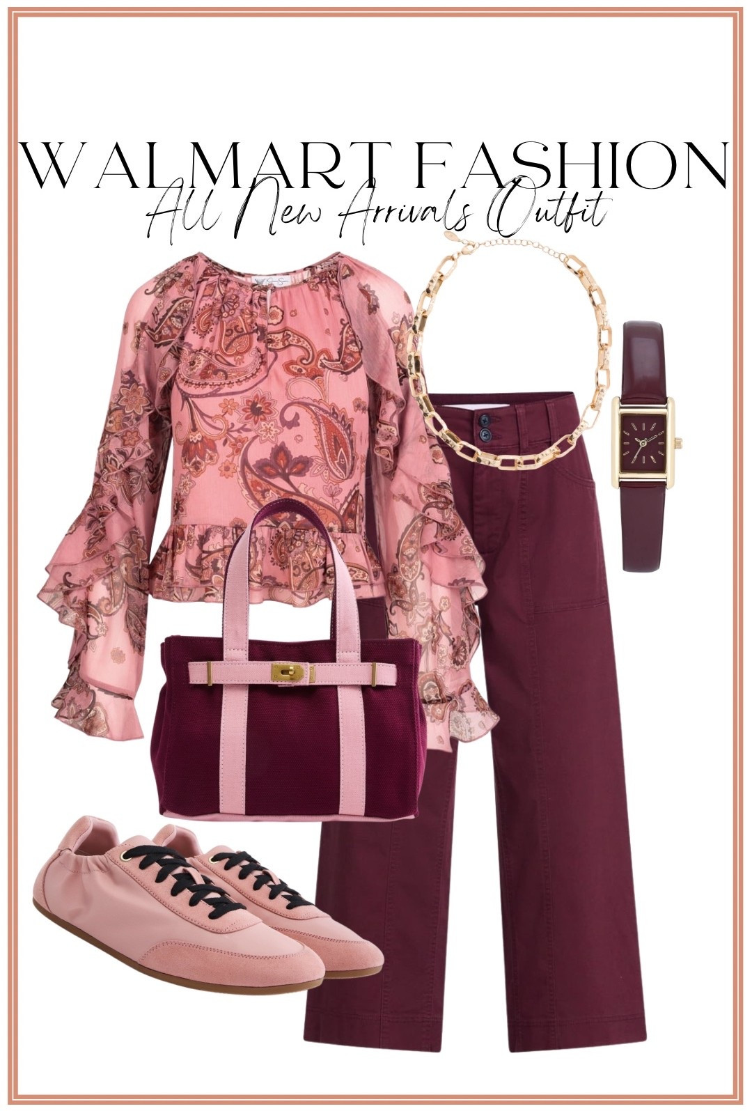 These COLORS! 😍 Walmart just dropped so many incredible new fall fashion arrivals, and this pink and burgundy combination immediately caught my eye! The paisley ruffle sleeve blouse paired with burgundy pants is such a gorgeous fall outfit, and the coordinating pink sneakers, burgundy handbag and accessories pull everything together perfectly. I love finding affordable Walmart pieces that look this elevated! 💗🍷

#walmartfashion #walmartfinds #walmartnewarrivals #walmartstyle #walmartfashionfinds #fallfashion #falloutfits #falloutfitideas #burgundyoutfit #burgundyfashion #pinkoutfit #paisley #affordablefashion #womensfashion #fallstyle

#LTKxWalmart #LTKPetite #LTKootd