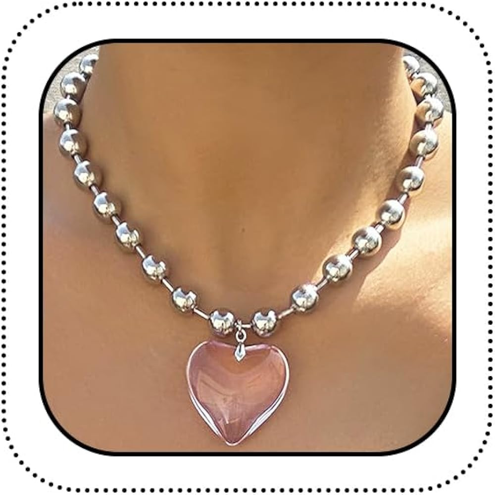 Puffy Large Heart Pendant Statement Necklace, Simple Clear Round Beaded Heart Choker Y2k Aestheti... | Amazon (US)