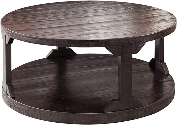 Signature Design by Ashley Rogness Rustic Round Coffee Table with Floor Shelf, Dark Brown with Di... | Amazon (US)