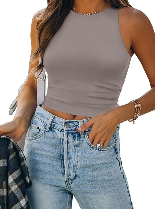 ATHMILE Womens Double Lined Crop Tank Tops Casual Basic Shirts Sleeveless Workout Tops Cute Summe... | Amazon (US)