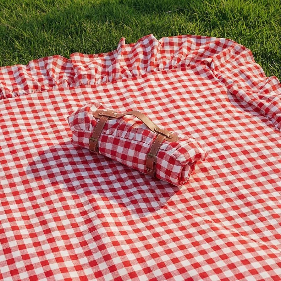 2-in-1 Extra Large Waterproof Picnic Blanket, 71x90in Dual Layers Portable Red Gingham Ruffled Ma... | Amazon (US)