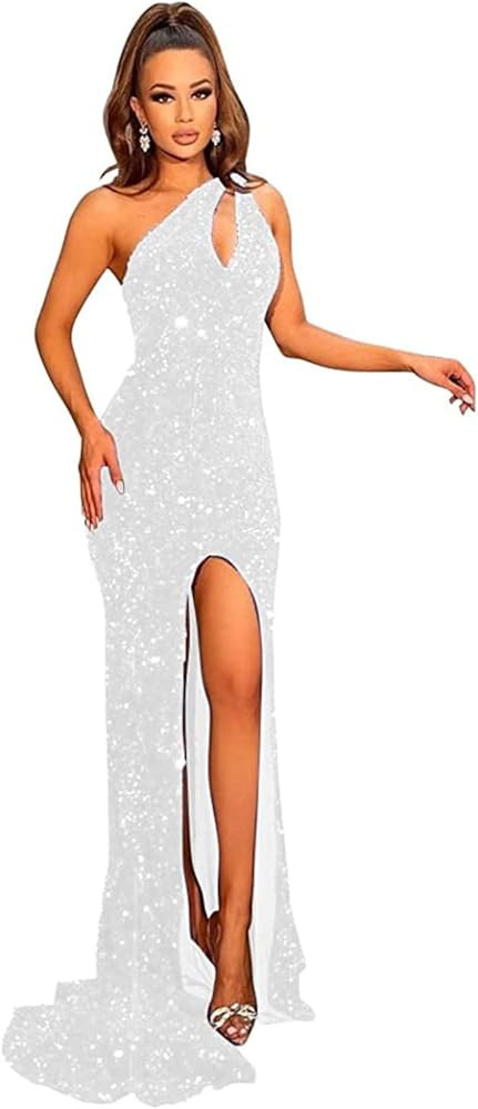Sukleet Women's Sequin Mermaid Prom Dresses Long One Shoulder Formal Evening Gowns with Slit | Amazon (US)