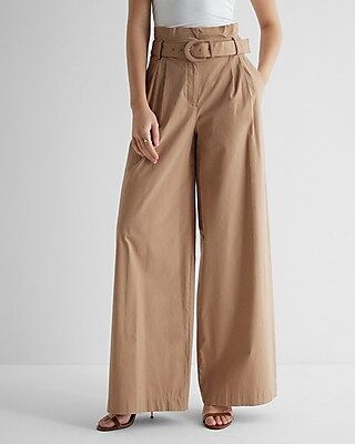 Super High Waisted Belted Paperbag Wide Leg Palazzo Pant Brown Women's 2 Short | Express