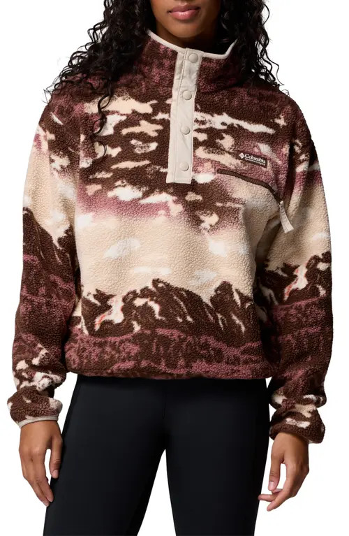 Columbia Helvetia II Print Crop Fleece Pullover in Tobacco Sisters Dark Stone at Nordstrom, Size Medium | Nordstrom