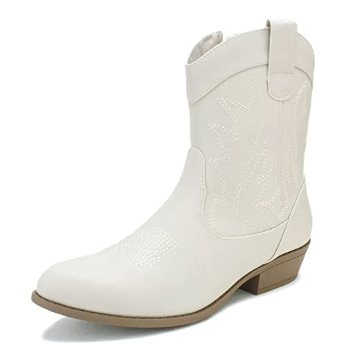 PEPPEP Western Cowgirl Cowboy Ankle Boots for Women or Ladies, Mid Calf, Vegan Leather Embroidered Upper, Low Heel, Fashionable Pointed-toe, Well Made (11,Cream | Amazon (US)