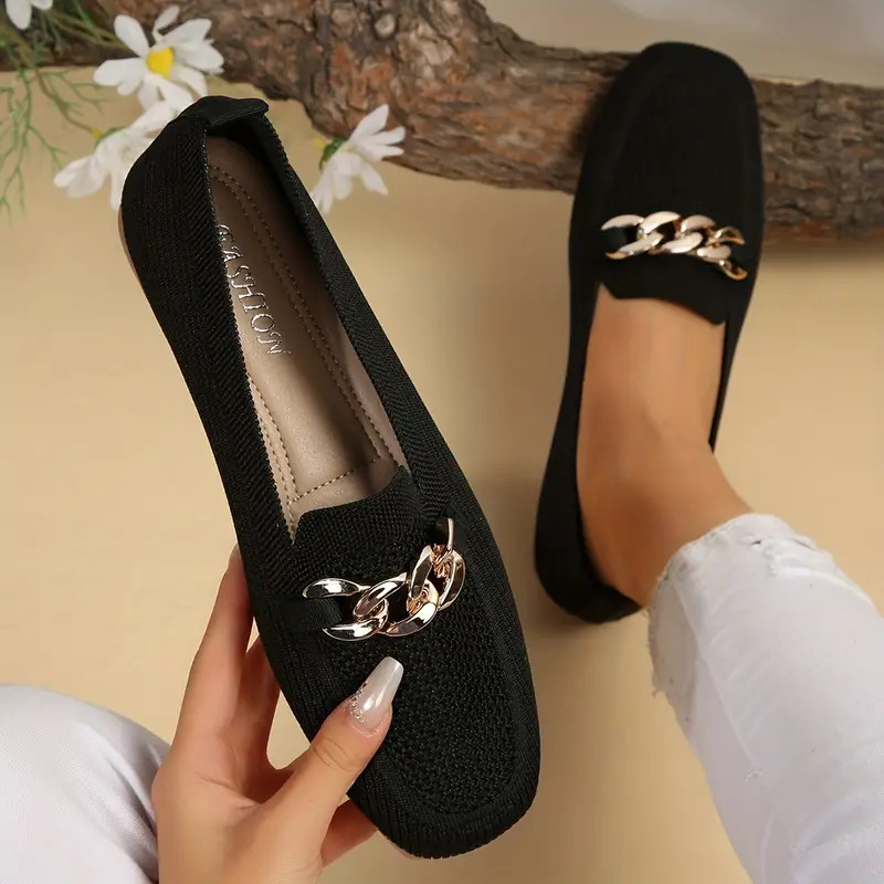 Stylish and Versatile Women's Square Toe Flat Shoes - Breathable Knit, Lightweight, Metallic Chai... | Temu Affiliate Program