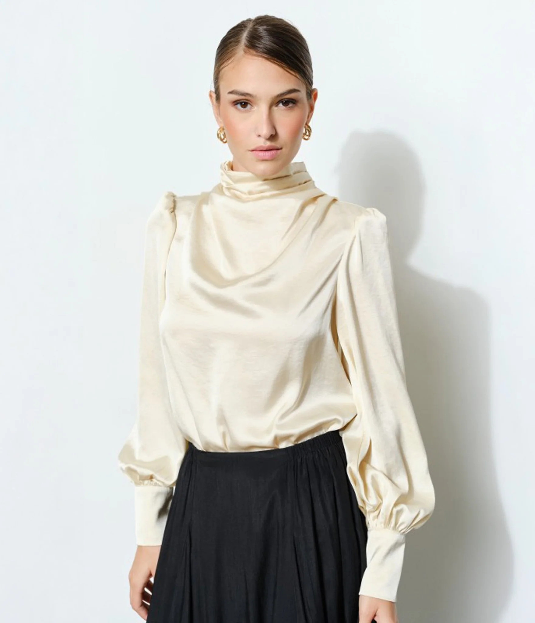 Cream Long Puff Sleeve Blouse | UniqueVintage