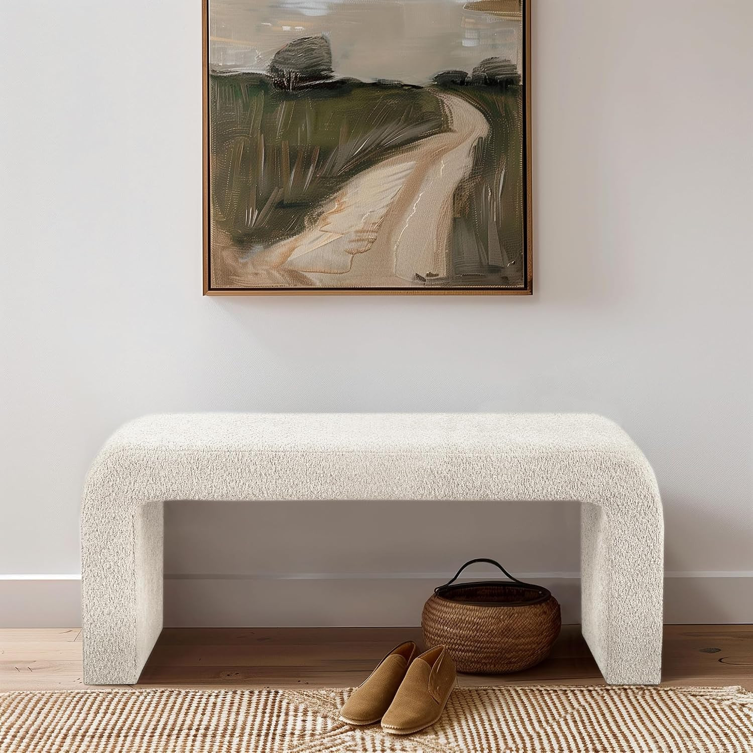 Ink+Ivy Steve Entryway Accent Bench Padded, Cozy Plush Boucle Upholstered Bench for Living Room, Modern Curved Corner Compact Bed End Bench for Bedroom, Indoor Seating, Fully Assembled, 42" W Cream | Amazon (US)