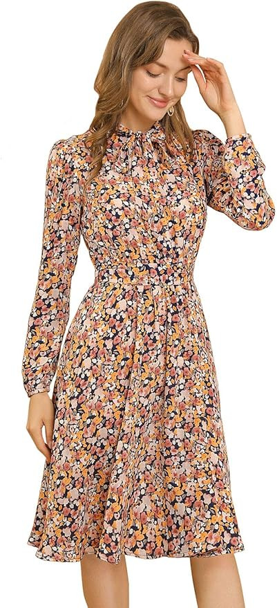 Allegra K Women's Tie Neck Dresses Chiffon Long Sleeve Belted Vintage Floral Dress | Amazon (US)