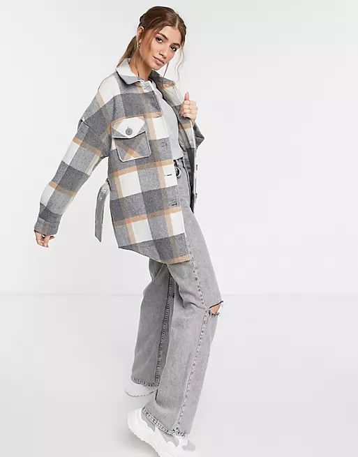 Pieces longline shacket in gray plaid | ASOS (Global)