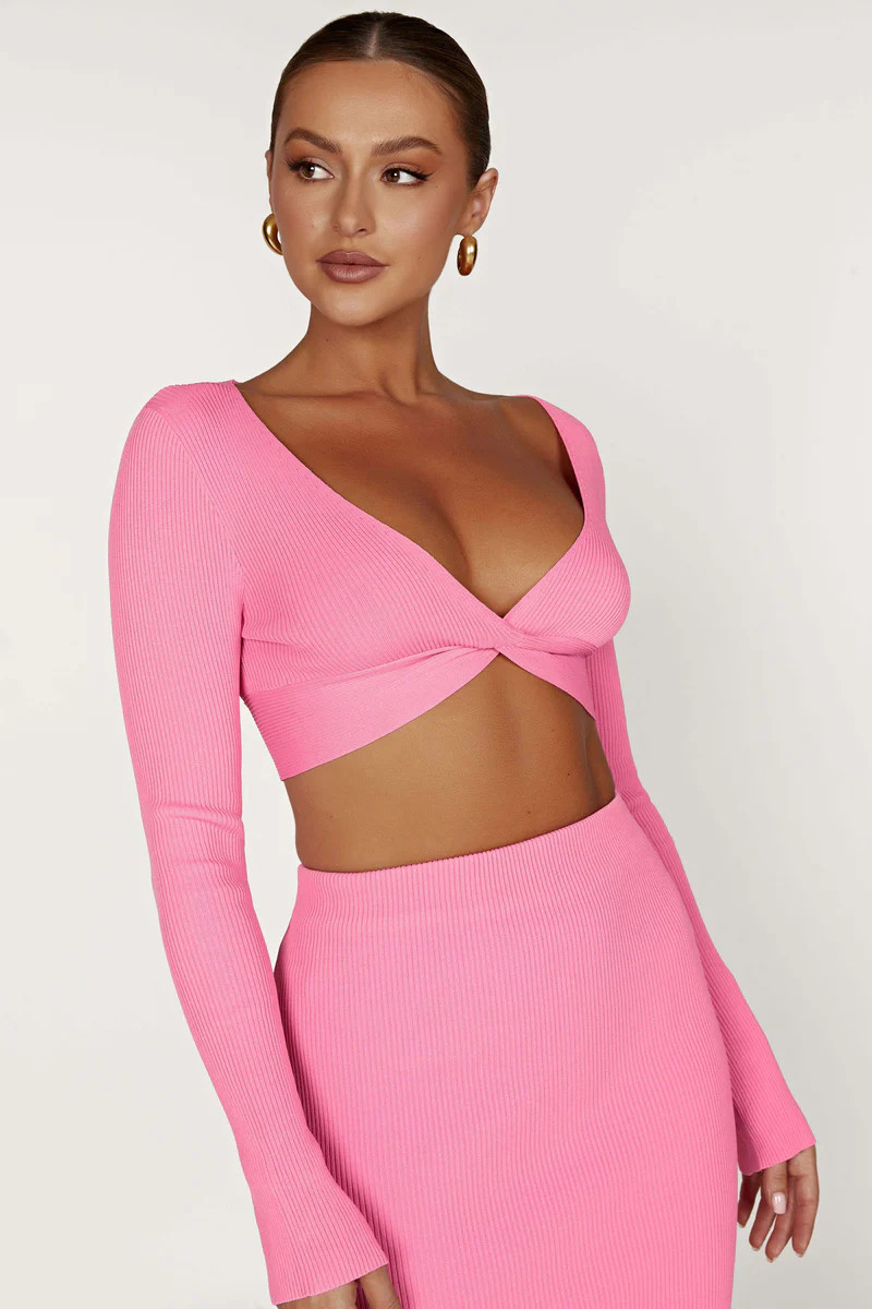 Kaesha Long Sleeve Twist Front Knit Top - Bubblegum Pink | MESHKI US