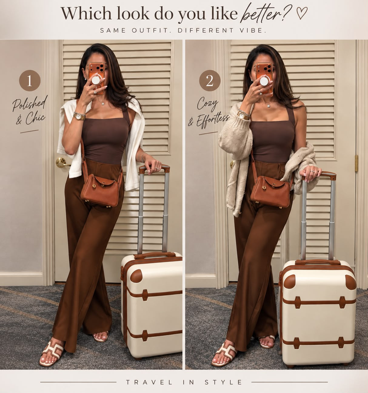 Same outfit, two different travel moods ✈️🤎 — Polished & Chic or Cozy & Effortless? I love how a simple change of layers can completely transform the vibe while keeping the look comfortable, timeless, and travel-ready. Which one would you choose? 🤍✨ 

 #LTKgrwm #LTKvlog #LTKSeasonal