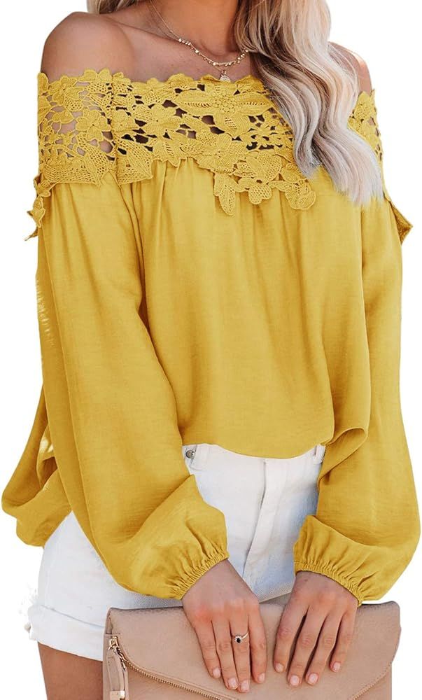 Adreamly Women's Lantern Long Sleeve Lace Crochet Off The Shoulder Tops Loose Blouses | Amazon (US)