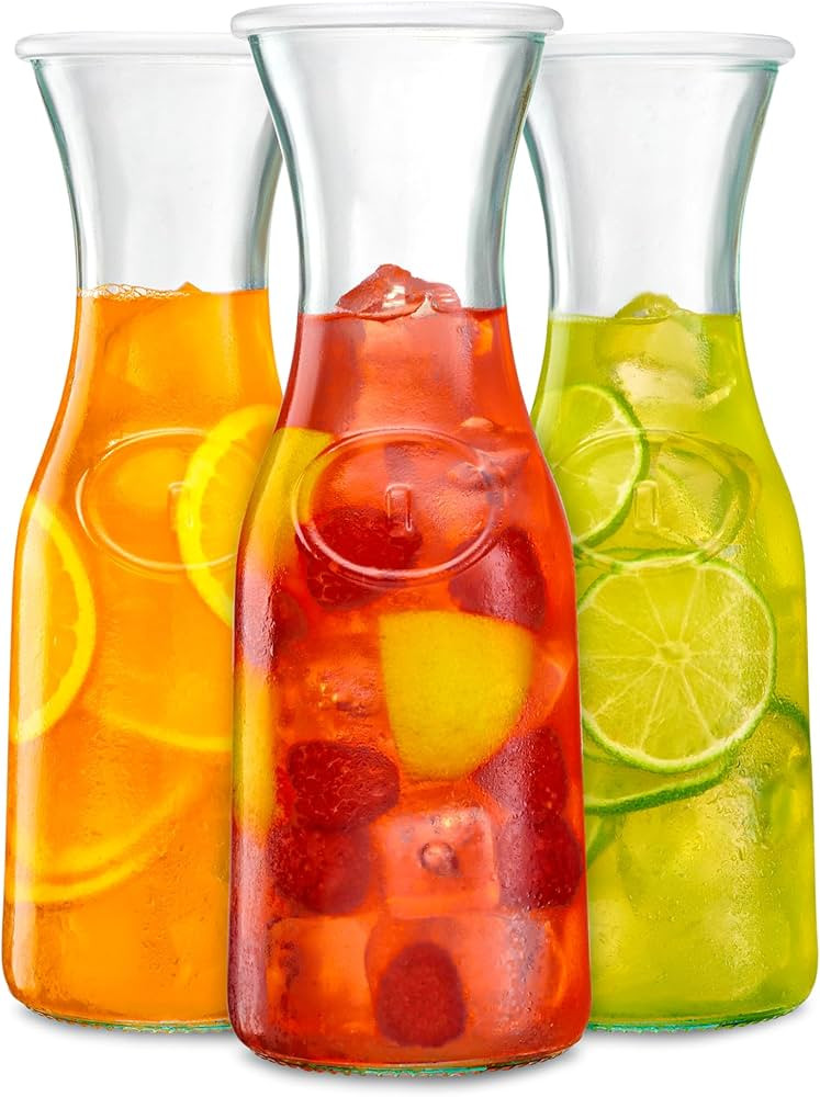 Vikko Glass Water Carafe With Lid, Set of 3 Small Glass Juice Carafes for Mimosa Bar, 1 Liter Gla... | Amazon (US)