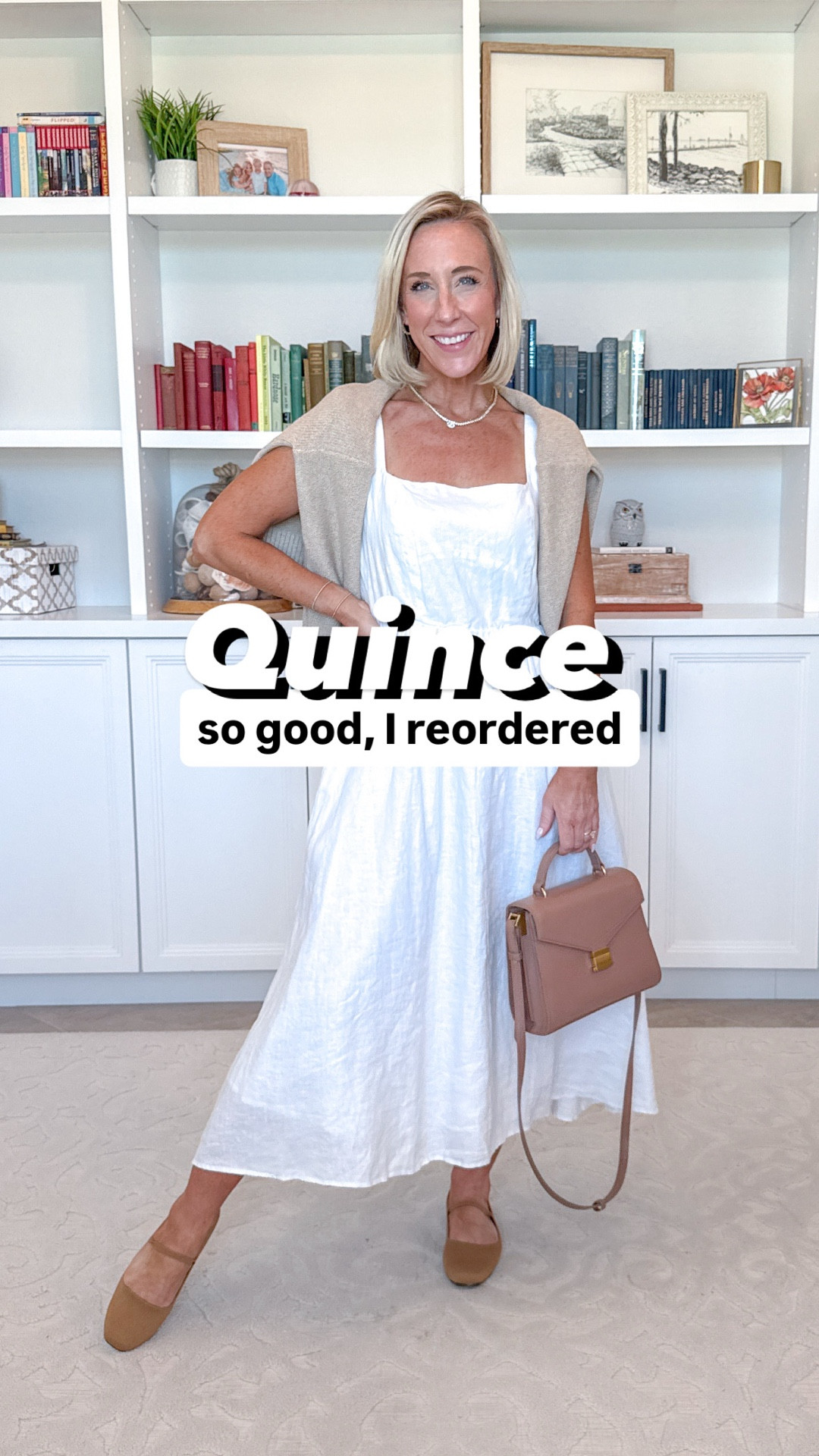 Quince - denim & dresses (pieces I loved so much, I re-ordered!)
* Bella Stretch Wide Leg Jeans - Size: 25 - Inseam: 30. Color: Midnight Blue
* 100% Organic Cotton Cropped Cardigan - size Small. Color: Cement Marl.
* Second Skin Square Neck Tank Bodysuit - size Small. Color: Mocha.
1. Bella Stretch Wide Leg Jeans - Size: 25 - Inseam: 28. Color: Frosted Blue (12 colors!).
2. Bella Stretch Palazzo Jeans - Size: 25. Color: Seaside Blue (3 colors).
3. 100% European Linen Fit & Flare Midi Dress - Size: Small (needs an XS). Color: White (11 colors).
* Italian Leather Top Handle Crossbody Satchel - Color: Cappuccino. (On final sale!)
#quincepartner @quince