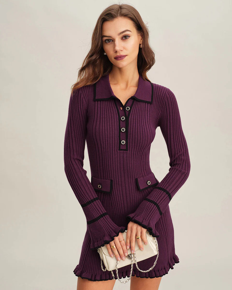 Purple  Contrasting Bell Sleeve Sweater Dress | rihoas.com