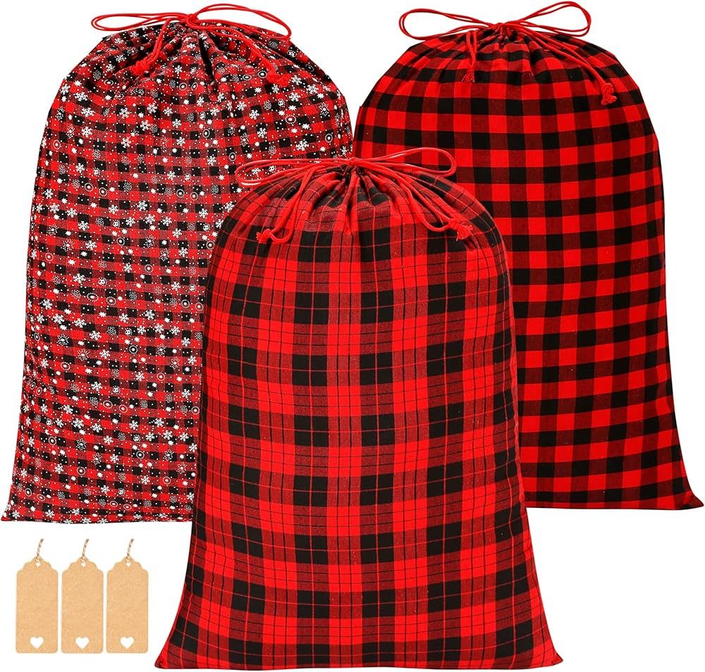 Shineloha 3PK Buffalo Plaid Drawstring Bags (L) 28x20, Large Christmas Fabric Drawstring Gift Bag... | Amazon (US)