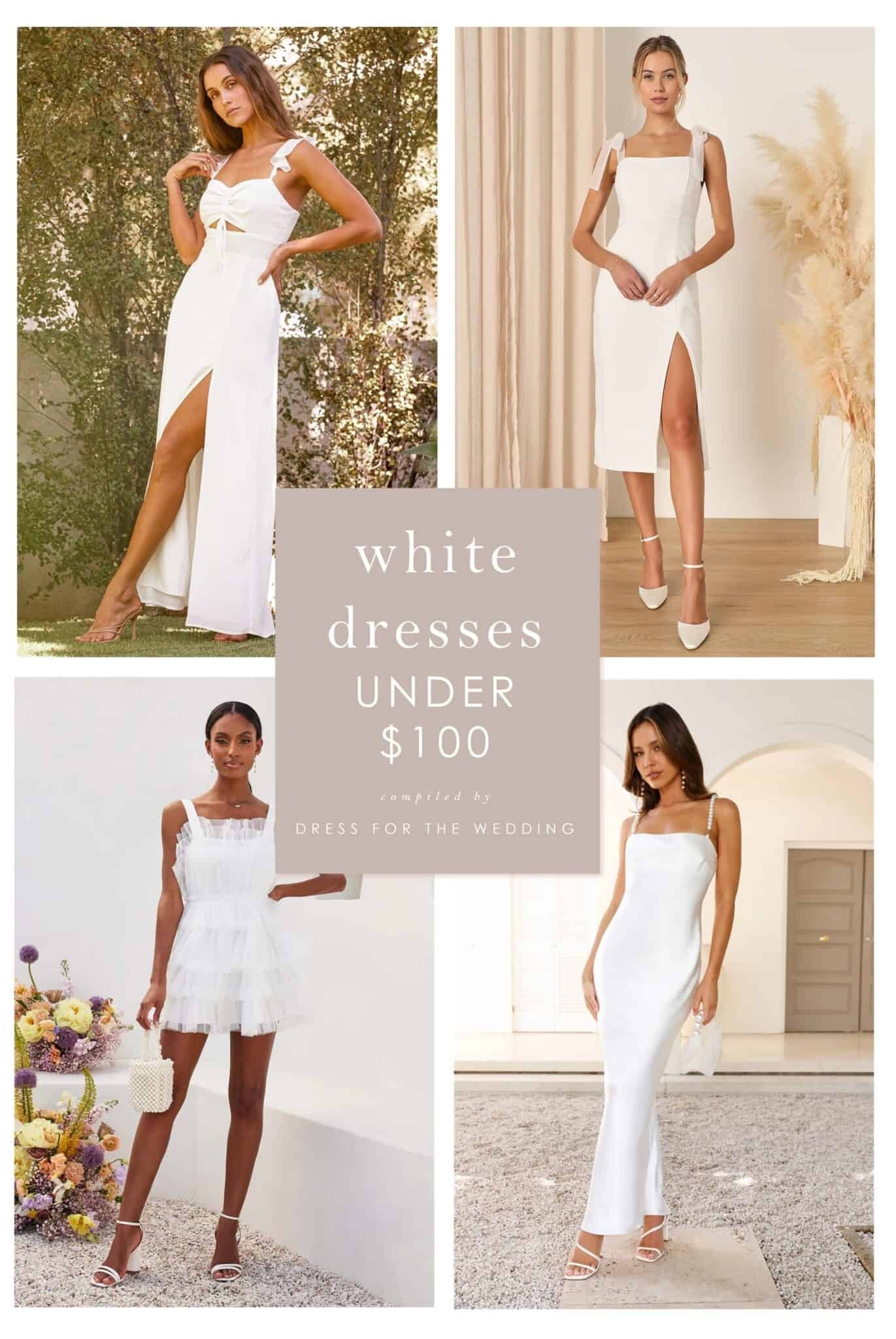 White dresses under 100. Affordable white dresses for wedding events, bridal showers, bridal dresses and graduation dresses. White midi, mini, and maxi dresses for spring and summer events. Sorority dress, graduation dress, bachelorette dress.
Engaged, planning a wedding or attending several weddings? Dress for the Wedding is a curated wedding shopping site. Follow us on the LIKEtoKNOW.it shopping app to get the product details for this look plus sale alerts on wedding attire, cute dresses under $100, ideas for wedding guest outfits, plus wedding decor and gift ideas! 

#LTKSeasonal #LTKgrwm #LTKWedding