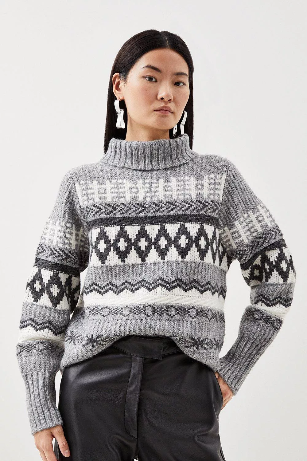 Boucle Knit Oversized Striped Sweater With Scarf | Karen Millen