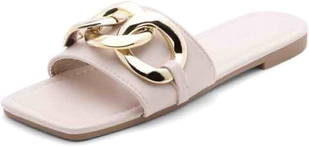 Shoe Land EMMA Women's Square Open Toe Slides Cute Single Band with Metal Chain Slip on Flat Sand... | Amazon (US)