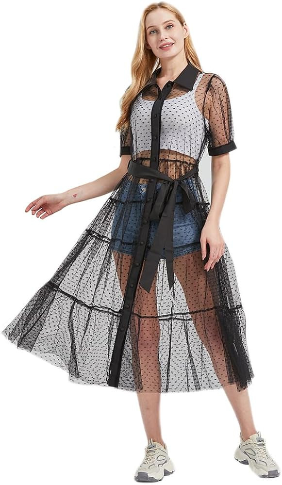 Women Sheer Mesh Button Down Shirt Dress with Waist Belt Summer Beach See Through Bikini Cover Up... | Amazon (US)