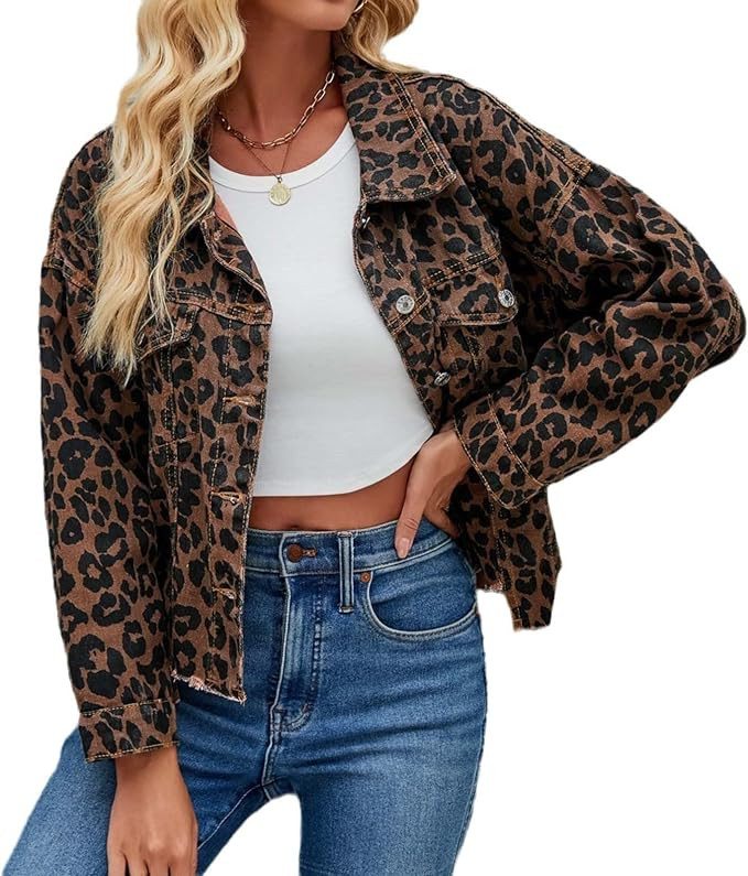 Leopard Denim Jacket for Women 2024 Fall Trendy Button Down Lapel Long Sleeve Cropped Jean Coat w... | Amazon (US)